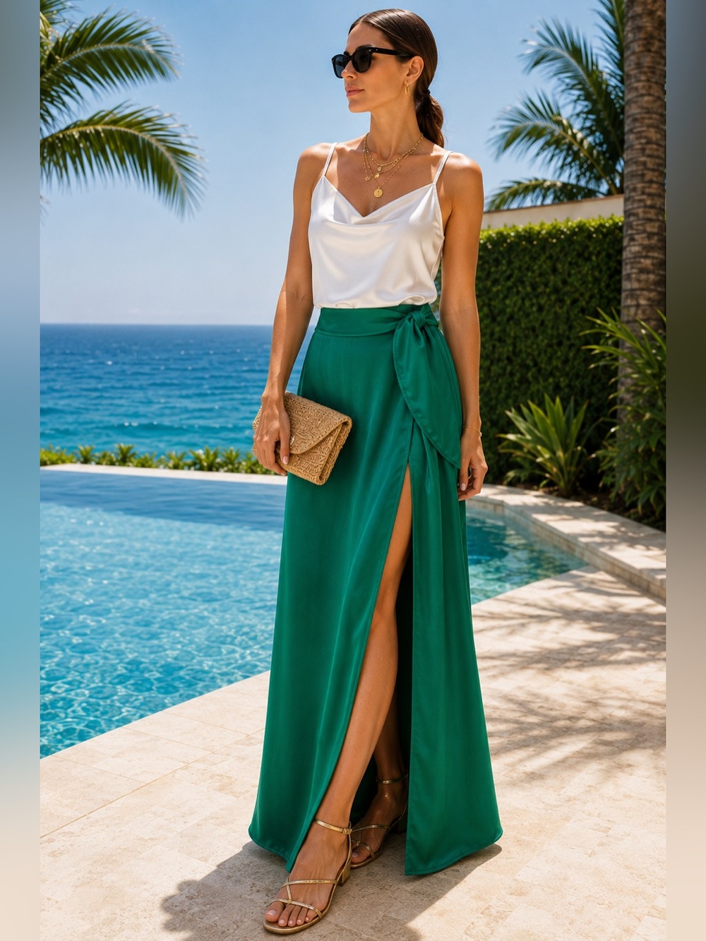 Isolda Silk Wrap Maxi Skirt Green Satin Side Slit Resort Vacation Wedding Guest - Picture 3 of 6